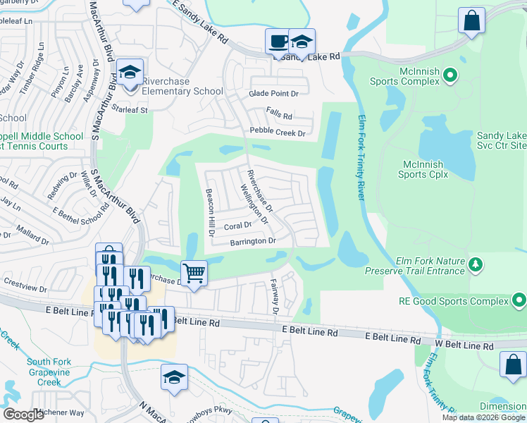 map of restaurants, bars, coffee shops, grocery stores, and more near 508 Wellington Drive in Coppell