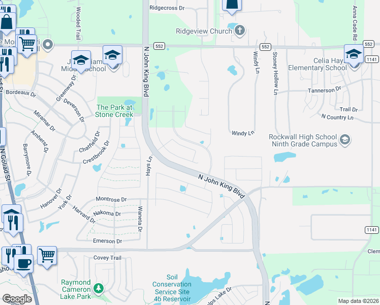 map of restaurants, bars, coffee shops, grocery stores, and more near 2305 Rocking H Trail in Rockwall