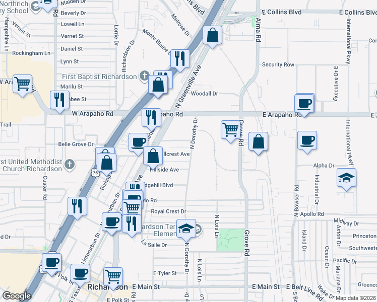 map of restaurants, bars, coffee shops, grocery stores, and more near 323 Hillcrest Avenue in Richardson