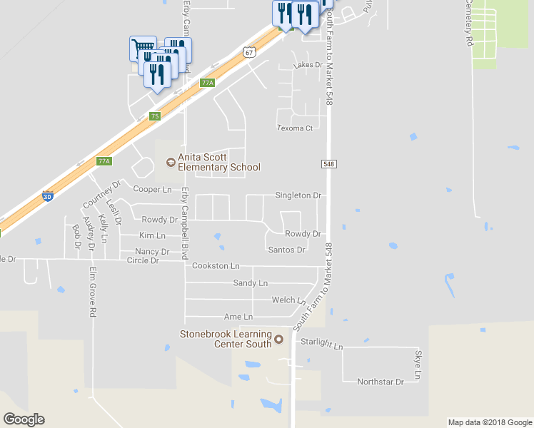 map of restaurants, bars, coffee shops, grocery stores, and more near 1524 Lorena Drive in Royse City