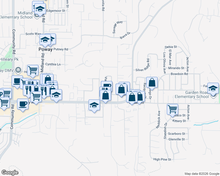 map of restaurants, bars, coffee shops, grocery stores, and more near 13332 Via Stephen in Poway