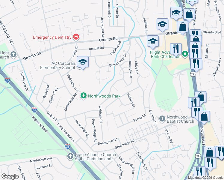 map of restaurants, bars, coffee shops, grocery stores, and more near 8392 Waltham Road in North Charleston