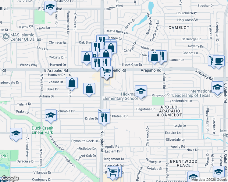 map of restaurants, bars, coffee shops, grocery stores, and more near 3401 Janwood Lane in Garland
