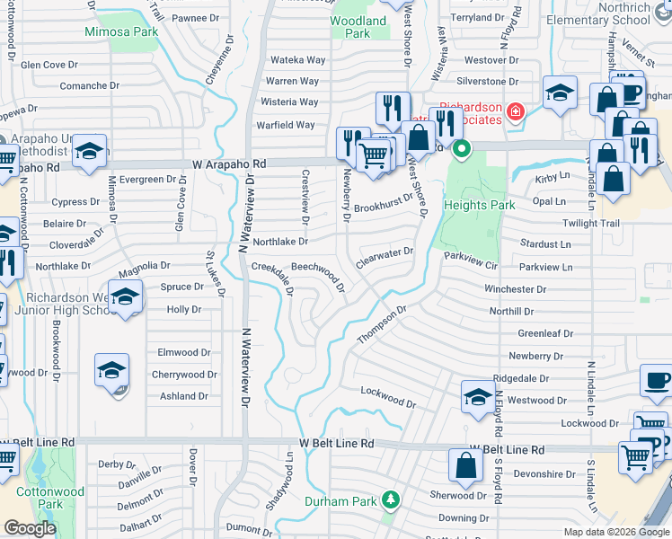 map of restaurants, bars, coffee shops, grocery stores, and more near 906 Beechwood Drive in Richardson