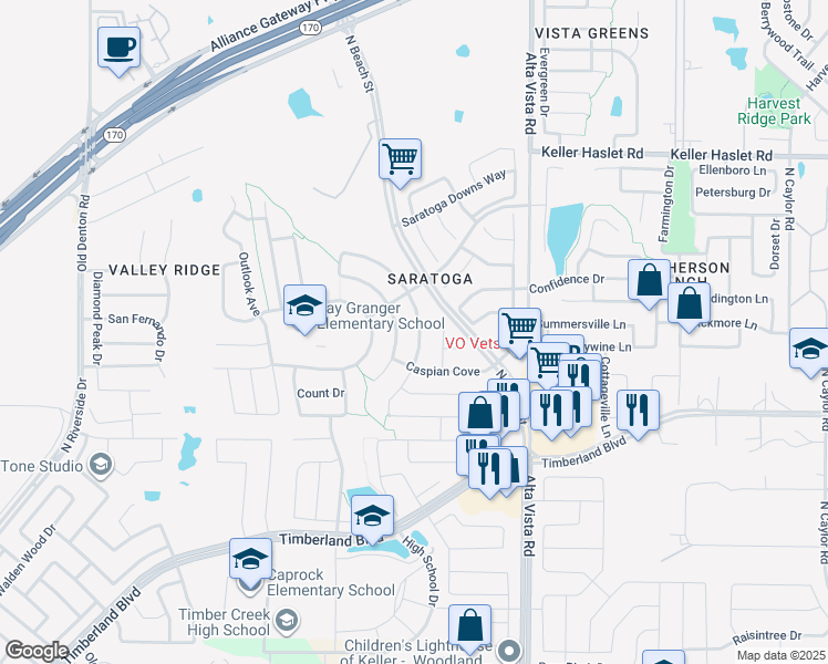 map of restaurants, bars, coffee shops, grocery stores, and more near 12729 Lizzie Place in Fort Worth