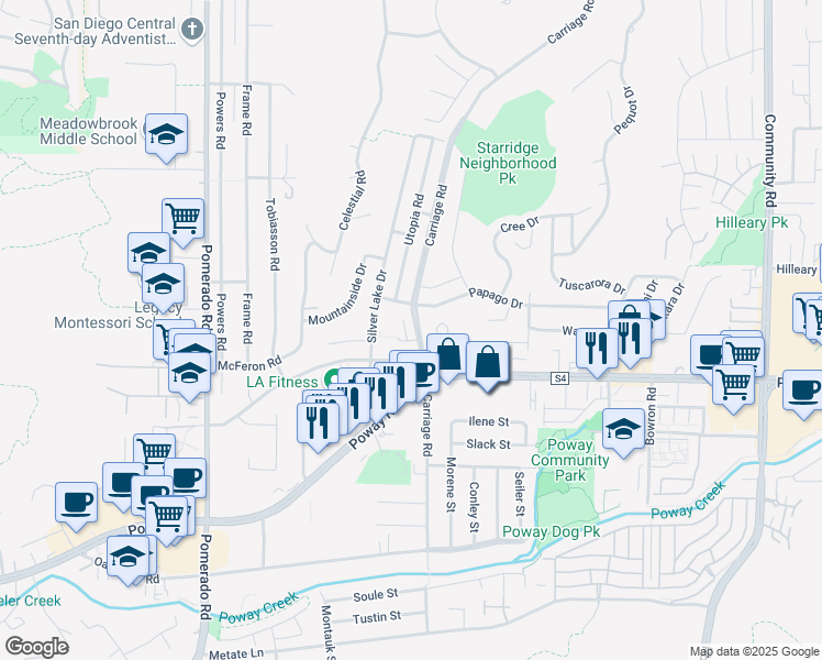 map of restaurants, bars, coffee shops, grocery stores, and more near 13350 Carriage Road in Poway