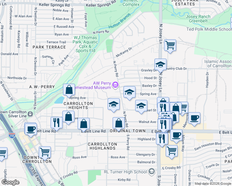 map of restaurants, bars, coffee shops, grocery stores, and more near 1501 Perry Road in Carrollton