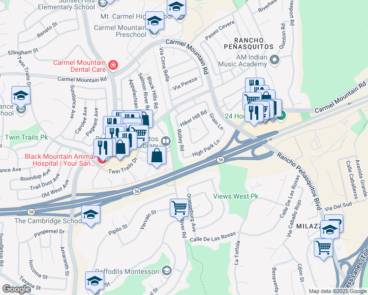 map of restaurants, bars, coffee shops, grocery stores, and more near 13503 Ridley Road in San Diego