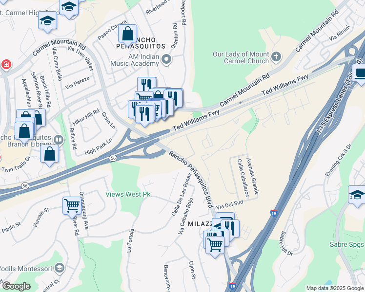 map of restaurants, bars, coffee shops, grocery stores, and more near 9939 Azuaga Street in San Diego