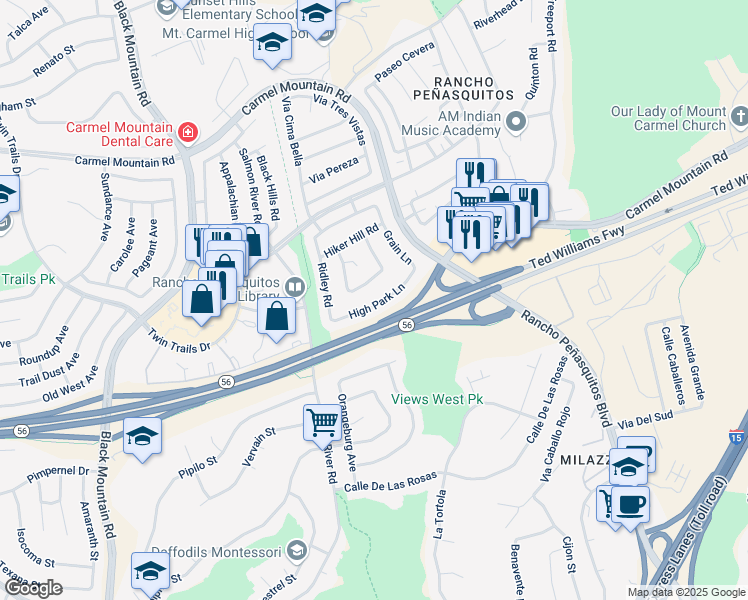 map of restaurants, bars, coffee shops, grocery stores, and more near 9532 High Park Lane in San Diego