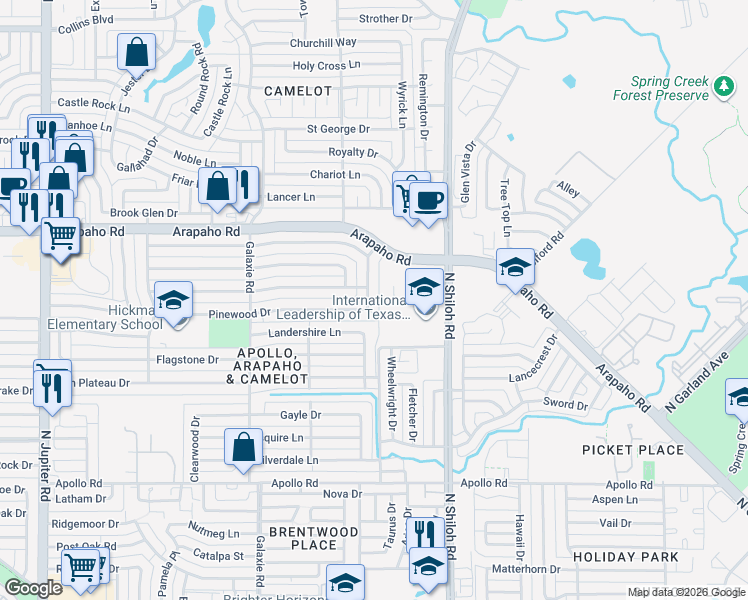 map of restaurants, bars, coffee shops, grocery stores, and more near 2101 Pinewood Drive in Garland