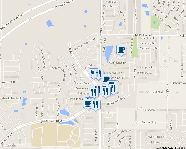 map of restaurants, bars, coffee shops, grocery stores, and more near 12709 Homestretch Drive in Fort Worth