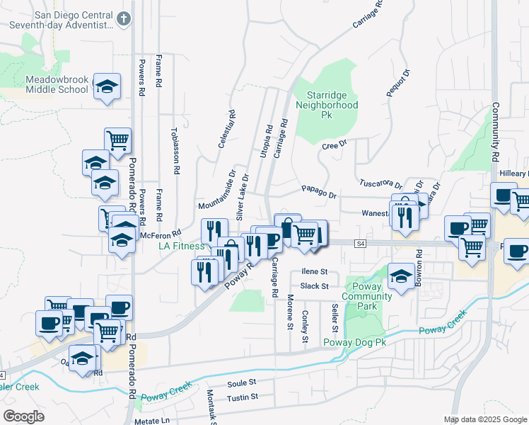 map of restaurants, bars, coffee shops, grocery stores, and more near 13331 Carriage Road in Poway