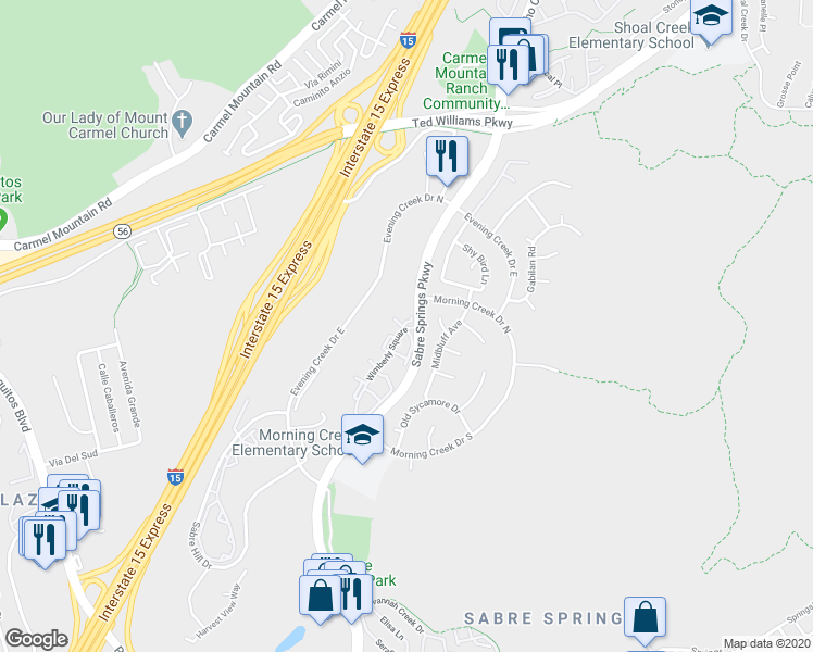 map of restaurants, bars, coffee shops, grocery stores, and more near 13238 Wimberly Square in San Diego