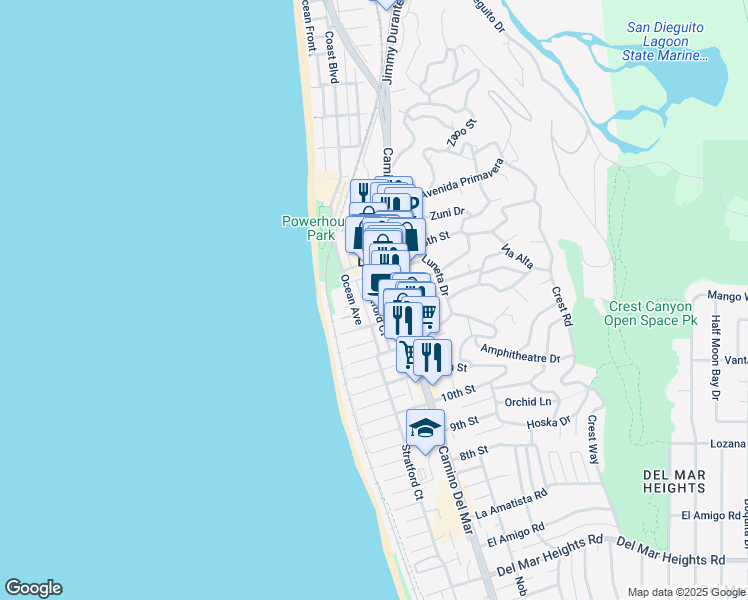 map of restaurants, bars, coffee shops, grocery stores, and more near 1329 Stratford Court in Del Mar