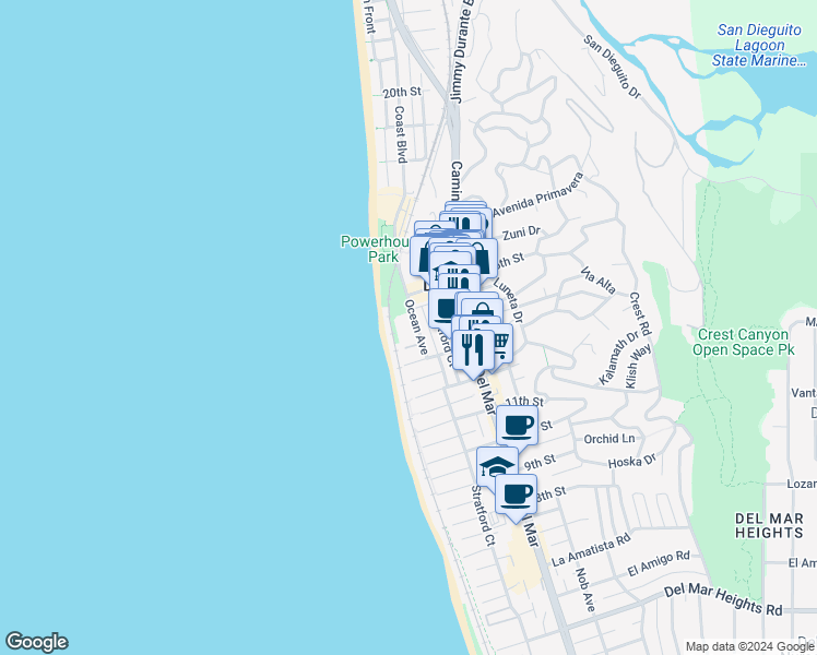 map of restaurants, bars, coffee shops, grocery stores, and more near 1400 Ocean Avenue in Del Mar