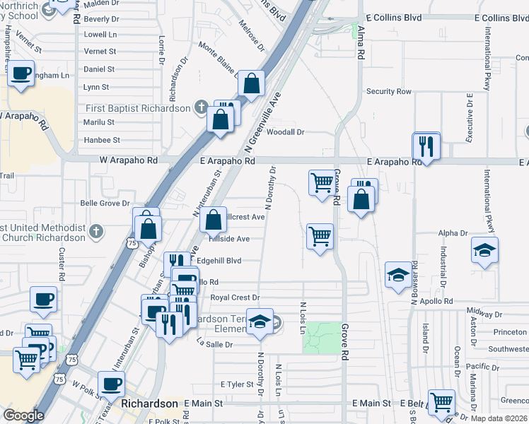 map of restaurants, bars, coffee shops, grocery stores, and more near 323 Hillcrest Avenue in Richardson
