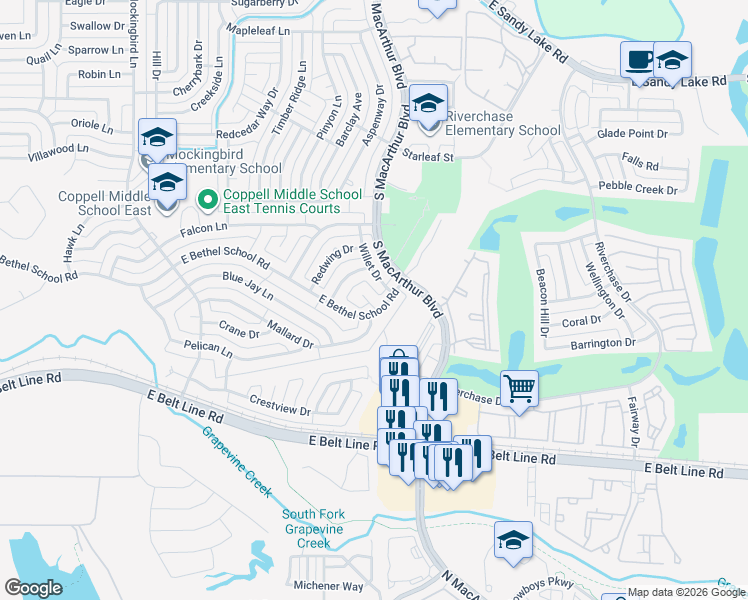 map of restaurants, bars, coffee shops, grocery stores, and more near 420 Sea Hawk Court in Coppell