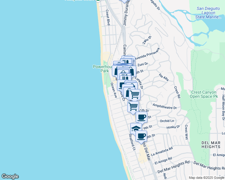 map of restaurants, bars, coffee shops, grocery stores, and more near 1400 Ocean Avenue in Del Mar