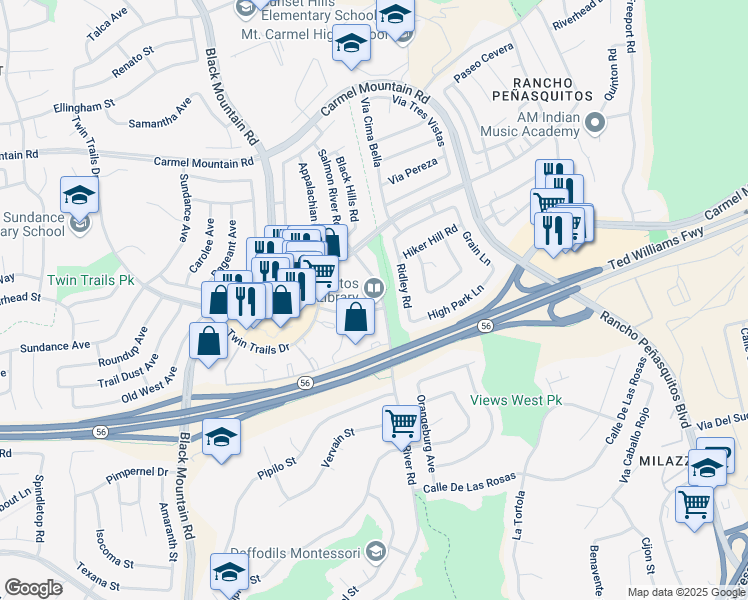 map of restaurants, bars, coffee shops, grocery stores, and more near 1 Salmon River Road in San Diego