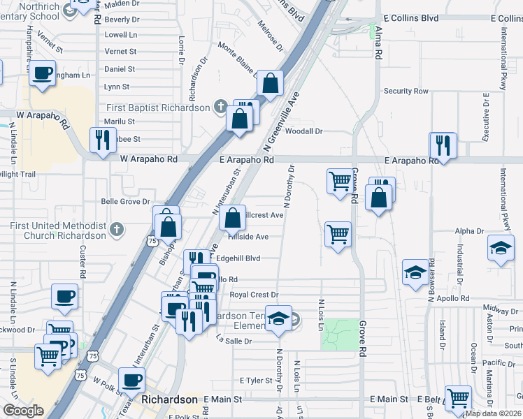 map of restaurants, bars, coffee shops, grocery stores, and more near 311 Hillcrest Avenue in Richardson