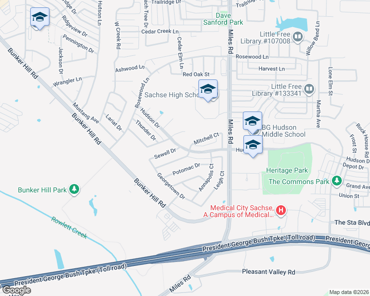 map of restaurants, bars, coffee shops, grocery stores, and more near 3708 Hudson Drive in Sachse