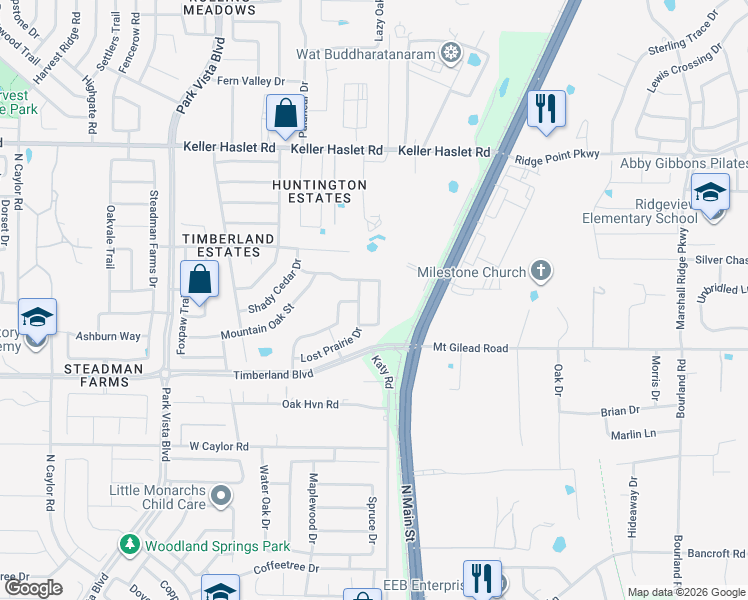 map of restaurants, bars, coffee shops, grocery stores, and more near 12725 Northern Pine Drive in Fort Worth