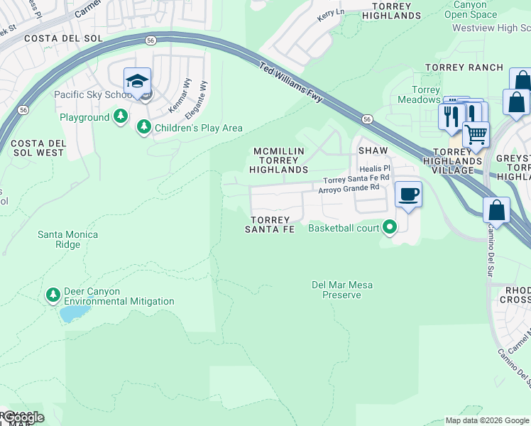 map of restaurants, bars, coffee shops, grocery stores, and more near 7039 Chapala Canyon Court in San Diego