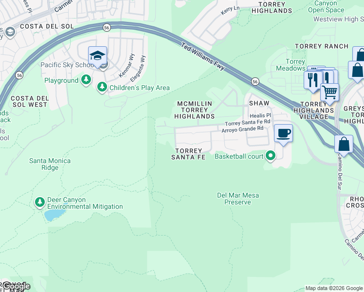 map of restaurants, bars, coffee shops, grocery stores, and more near 7023 Chapala Canyon Court in San Diego