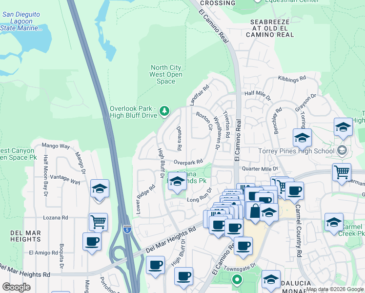 map of restaurants, bars, coffee shops, grocery stores, and more near 13252 Courtland Terrace in San Diego