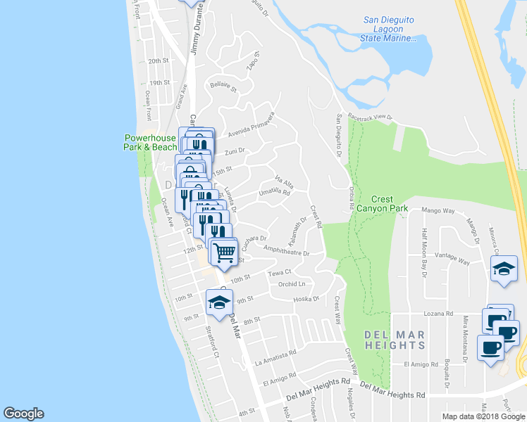 map of restaurants, bars, coffee shops, grocery stores, and more near 515 Rimini Road in Del Mar