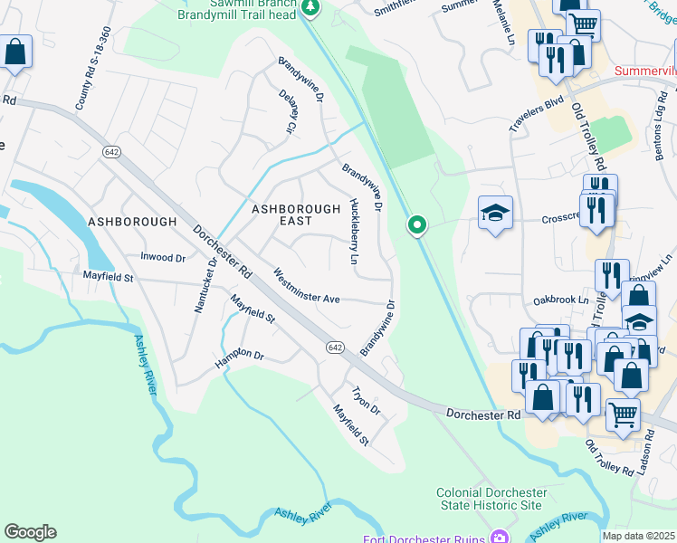 map of restaurants, bars, coffee shops, grocery stores, and more near 111 Windsor Court in Summerville