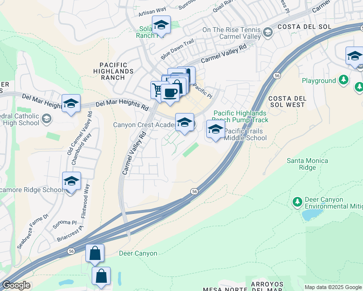 map of restaurants, bars, coffee shops, grocery stores, and more near 5951 Village Center Loop Road in San Diego
