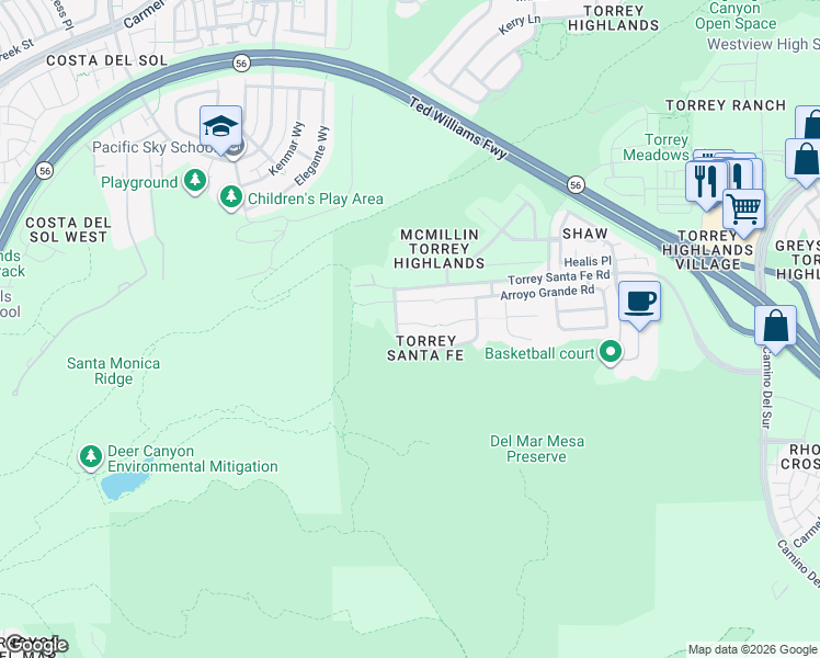 map of restaurants, bars, coffee shops, grocery stores, and more near 7023 Chapala Canyon Court in San Diego