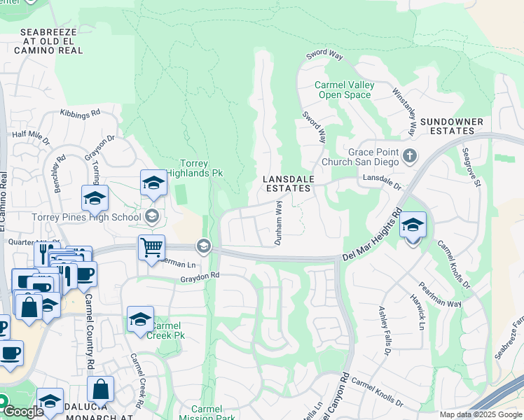 map of restaurants, bars, coffee shops, grocery stores, and more near 4650 Exbury Court in San Diego