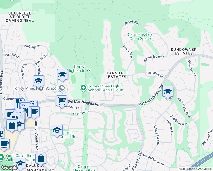 map of restaurants, bars, coffee shops, grocery stores, and more near 4650 Exbury Court in San Diego