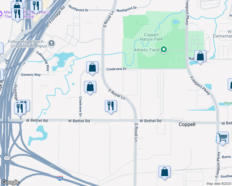 map of restaurants, bars, coffee shops, grocery stores, and more near South Royal Lane in Coppell