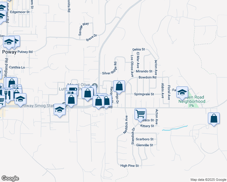map of restaurants, bars, coffee shops, grocery stores, and more near 13404 Montego Drive in Poway