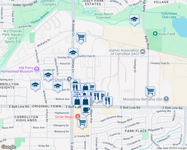 map of restaurants, bars, coffee shops, grocery stores, and more near 1515 Metrocrest Drive in Carrollton