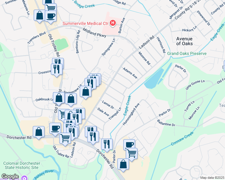 map of restaurants, bars, coffee shops, grocery stores, and more near 106 Richter Drive in Ladson