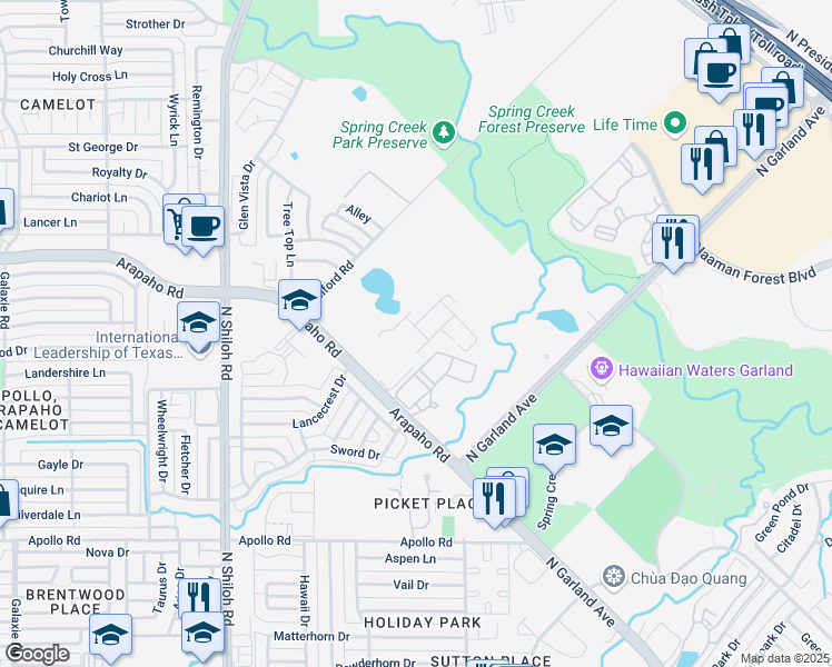map of restaurants, bars, coffee shops, grocery stores, and more near Arapaho Road in Garland