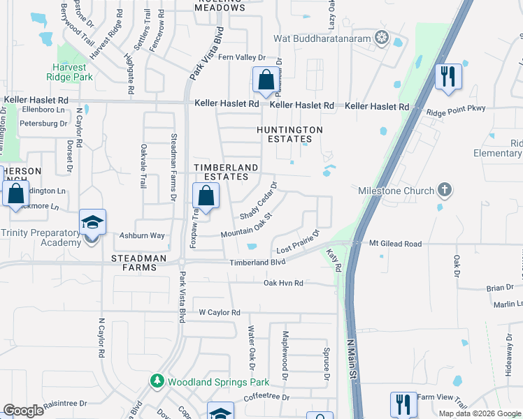 map of restaurants, bars, coffee shops, grocery stores, and more near 12636 Shady Cedar Drive in Fort Worth