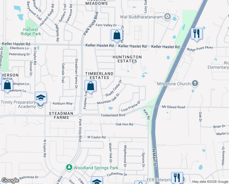 map of restaurants, bars, coffee shops, grocery stores, and more near 12640 Shady Cedar Drive in Fort Worth
