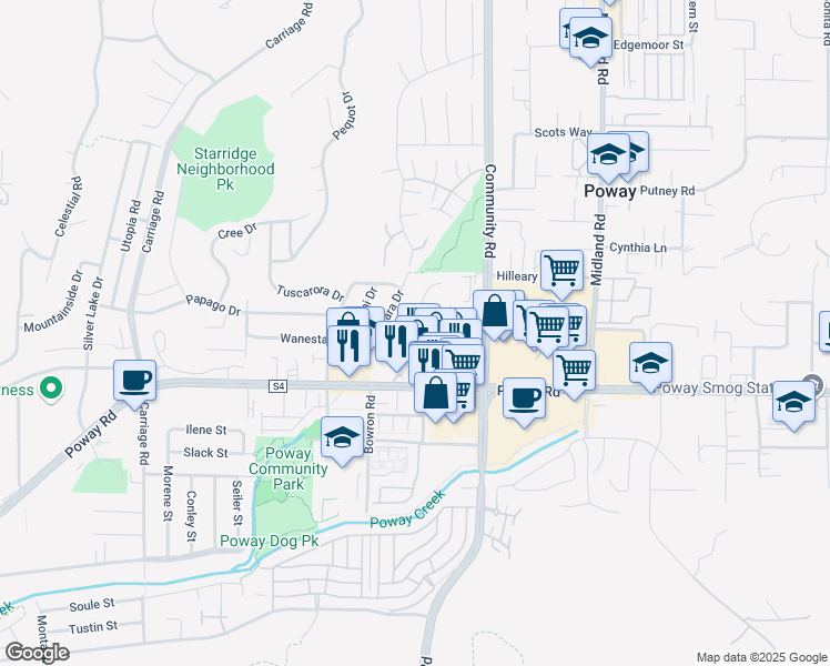 map of restaurants, bars, coffee shops, grocery stores, and more near 13215 Wanesta Drive in Poway