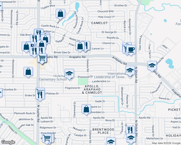 map of restaurants, bars, coffee shops, grocery stores, and more near 2930 Robin Hill Lane in Garland