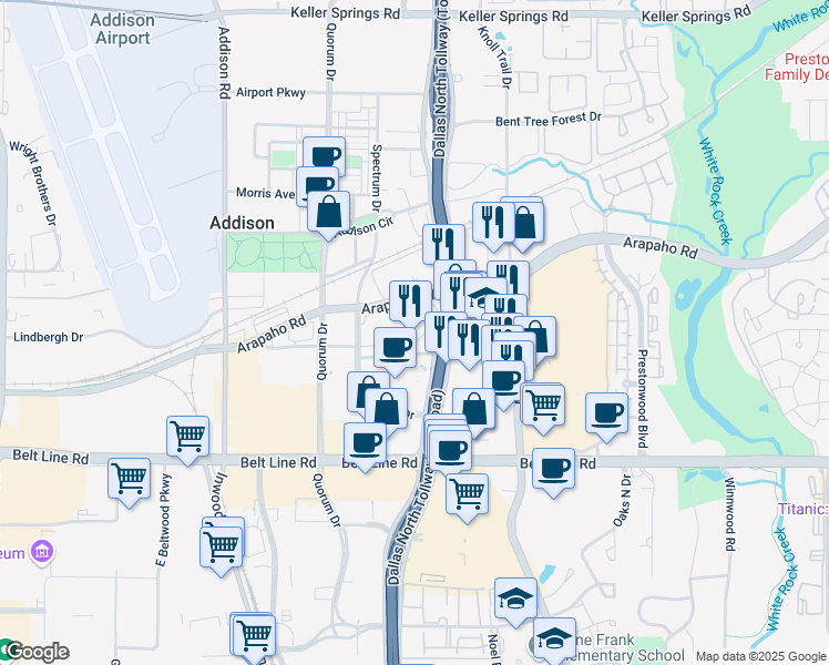 map of restaurants, bars, coffee shops, grocery stores, and more near in Addison