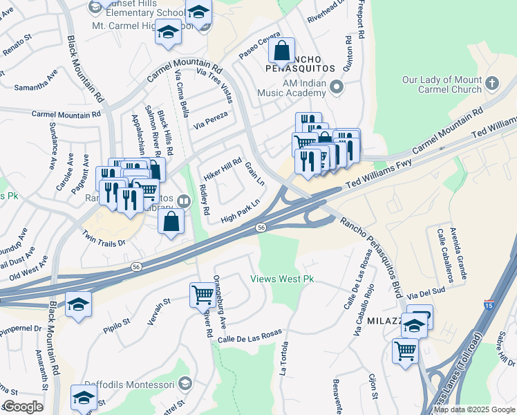 map of restaurants, bars, coffee shops, grocery stores, and more near 9559 High Park Lane in San Diego