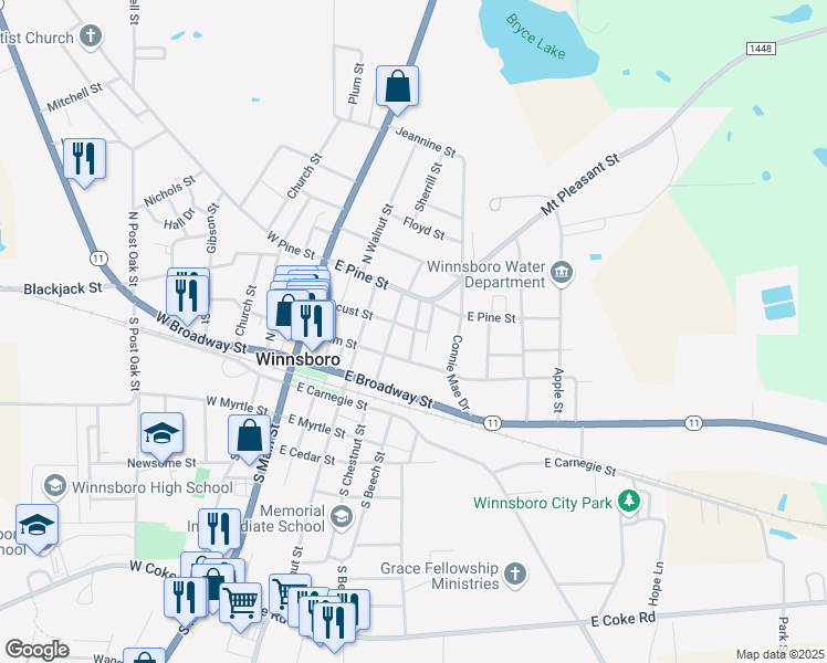 map of restaurants, bars, coffee shops, grocery stores, and more near 399 North Beech Street in Winnsboro