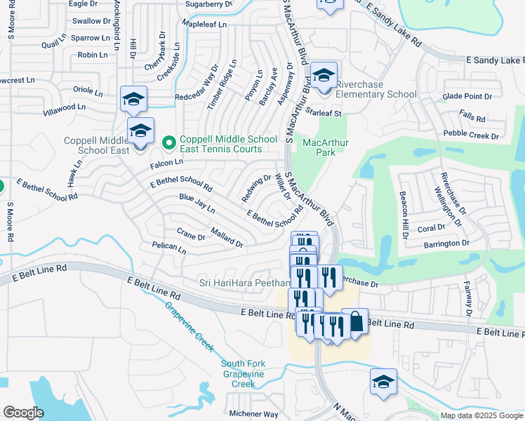 map of restaurants, bars, coffee shops, grocery stores, and more near 947 Hummingbird Drive in Coppell