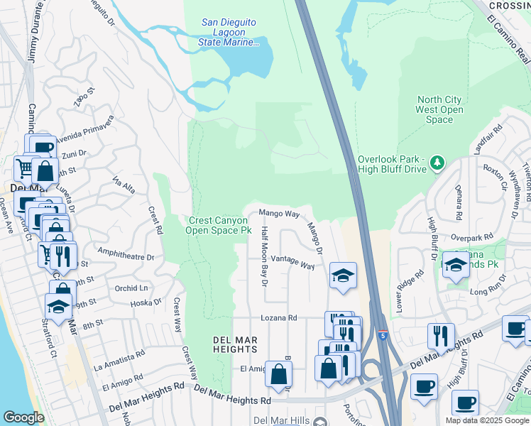 map of restaurants, bars, coffee shops, grocery stores, and more near Half Moon Bay Drive & Mango Way in Del Mar